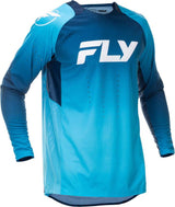 Fly Racing Evolution DST MX-Jersey in Blau und Weiß, mit atmungsaktivem Stoff und sportlichem Design für Motocross.