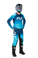 Fly Racing Evolution DST MX-Jersey in Blau-Weiß mit langlebigem Material und sportlichem Design, perfekt für Motocross-Fahrer.