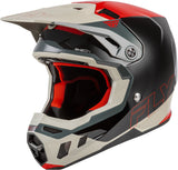 Motocrosshelm FLY RACING Formula CC Glide in Schwarzrotgrau, mit Visier und Belüftungsöffnungen, auf weißem Hintergrund.