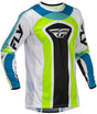 Fly Racing Lite Current L E MX-Jersey in Weiß, Limette und Blau mit atmungsaktivem Material und sportlichem Design.