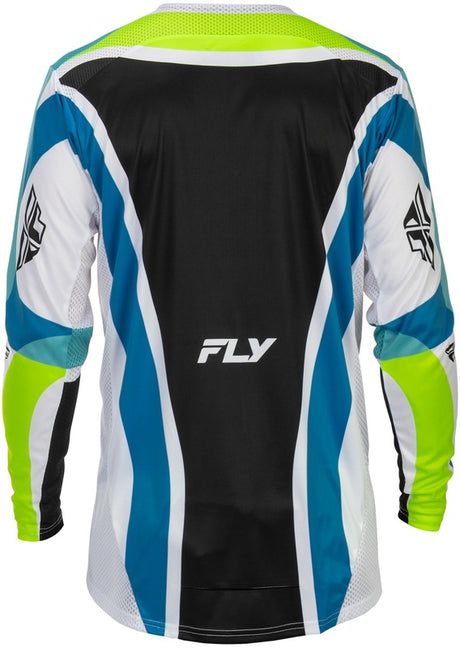 Fly Racing Lite Current L E MX-Jersey in Weiß, Limette und Blau, bequemes Motorradtrikot mit leuchtendem Design.