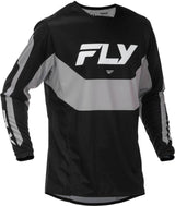 Fly Racing Kinetic MX-Jersey in Schwarz und Grau, bequemes Motocross-Trikot mit atmungsaktivem Material, detaillierte Stoffstruktur sichtbar