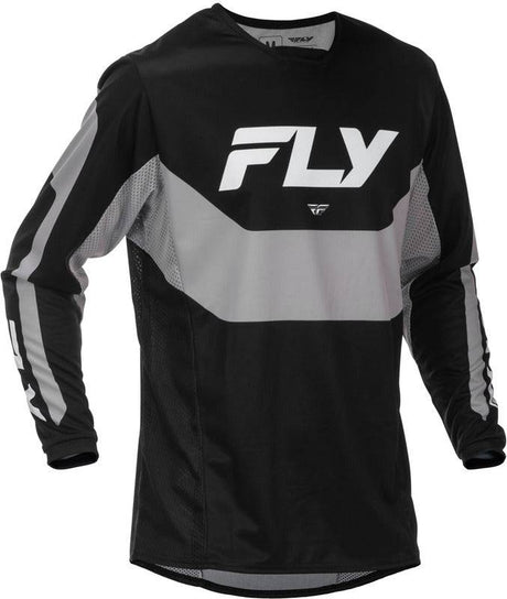 Fly Racing Kinetic MX-Jersey in Schwarz und Grau, bequemes Motocross-Trikot mit atmungsaktivem Material, detaillierte Stoffstruktur sichtbar