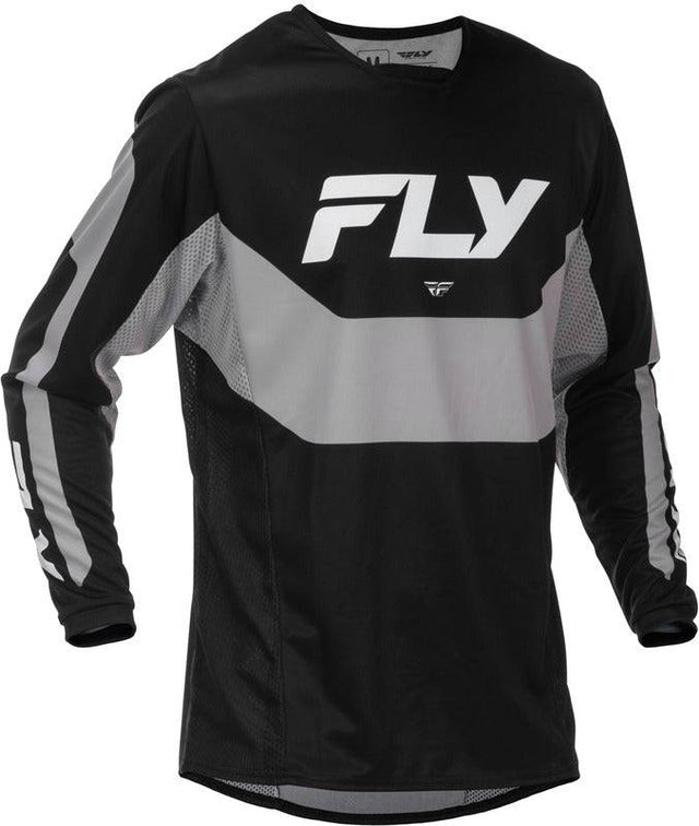 Fly Racing Kinetic MX-Jersey in Schwarz und Grau, bequemes Motocross-Trikot mit atmungsaktivem Material, detaillierte Stoffstruktur sichtbar