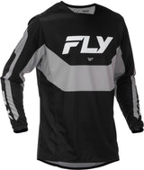 Fly Racing Kinetic MX-Jersey in Schwarz Grau, atmungsaktives Motocross-Shirt mit Logo und sportlichem Design.