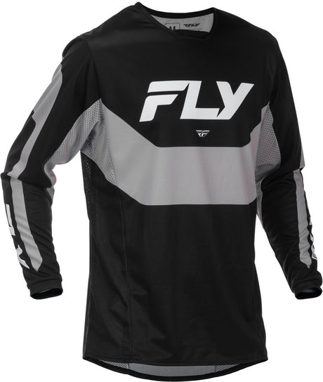 Fly Racing Kinetic MX-Jersey in Schwarz Grau, atmungsaktives Motocross-Shirt mit Logo und sportlichem Design.