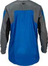 Fly Racing Kinetic MX-Jersey in Blau, Grau und Schwarz, zeigt atmungsaktives Sporttrikot mit Logo und stylischem Design.