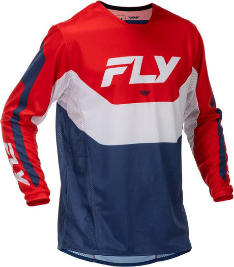 Fly Racing Kinetic MX-Jersey in Rot, Weiß und Blau, atmungsaktives Motorsport-Trikot mit bequemem Schnitt.
