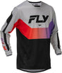 Fly Racing Kinetic MX-Jersey in Grau, Rot, Lila und Schwarz, mit atmungsaktivem Material und sportlichem Design.