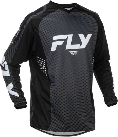 Schwarze und weiße Fly Racing F 16 MX-Jersey mit sportlichem Design, bequemem Material und atmungsaktiver Passform.
