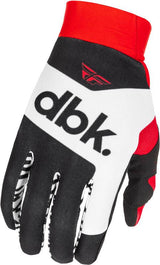 Fly Racing Pro Lite DBK MX-Handschuhe in Schwarz, Weiß und Rot, mit verstärktem Knöchel- und Fingerschutz.