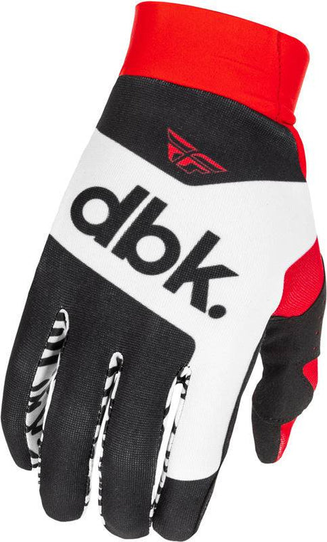 Fly Racing Pro Lite DBK MX-Handschuhe in Schwarz, Weiß und Rot, mit verstärktem Knöchel- und Fingerschutz.