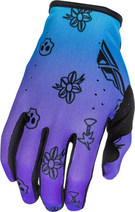 Fly Racing Lite Outline Special Edition MX-Handschuhe in Lila, Blau und Schwarz, mit robustem Design und atmungsaktivem Material.