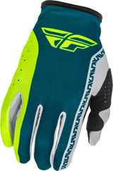 Fly Racing Lite MX-Handschuhe in Grau, Lime und Teal, mit strapazierfähigem Material und flexiblem Design für Motorradsport.