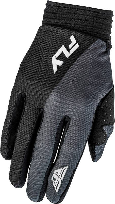 Fly Racing F 16 Damen MX-Handschuhe in Grau, Schwarz und Weiß, mit strapazierfähigem Material und flexiblem Design.