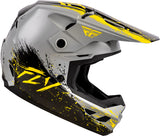 Fly Racing Kinetic Drip Jugend-Motocrosshelm in Grau, Schwarz und Gelb mit stylischem Design und Belüftungsöffnungen.
