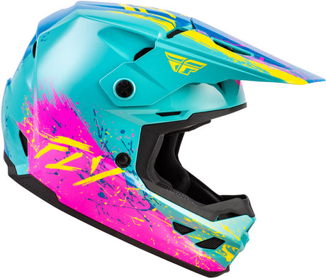 Fly Racing Kinetic Drip Jugend Motocrosshelm in Türkis, Rosa und Gelb mit Belüftungsöffnungen und stylischem Design