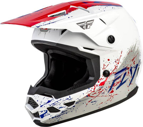 Motocrosshelm Fly Racing Kinetic Drip Jugend in Rot-Weiß-Blau mit Visier und Belüftungsöffnungen, kindgerechtes Design