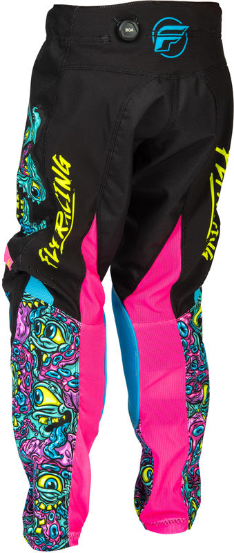 Schwarze und bunte Fly Racing Kinetic Mutant Jugend MX-Hose mit robustem Material und flexiblen Einsätzen, ideal für Motocross.