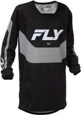 Fly Racing Kinetic Jugend MX-Jersey in Schwarz und Grau, bequemes und atmungsaktives Motocross-Trikot für Jugendliche.