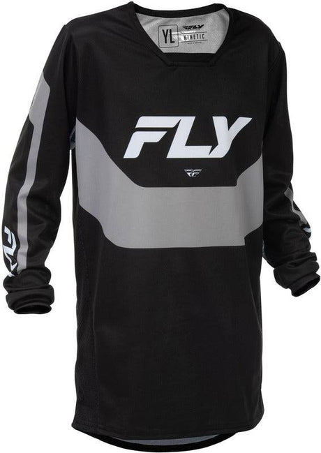Fly Racing Kinetic Jugend MX-Jersey in Schwarz und Grau, bequemes und atmungsaktives Motocross-Trikot für Jugendliche.