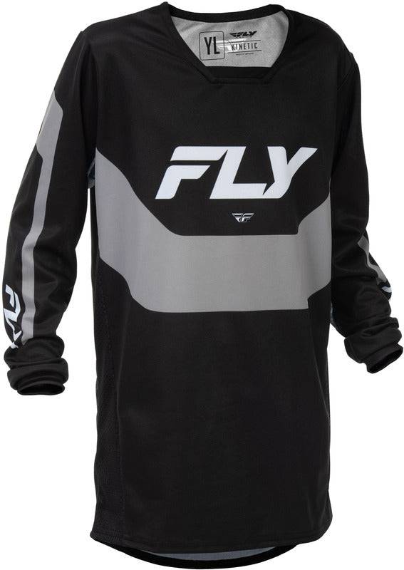 Fly Racing Kinetic Jugend MX-Jersey in Schwarz und Grau, bequemes und atmungsaktives Motocross-Trikot für Jugendliche.