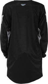 Fly Racing Kinetic Jugend MX-Jersey in Schwarz und Grau, atmungsaktiv und bequem für junge Motorradfahrer.