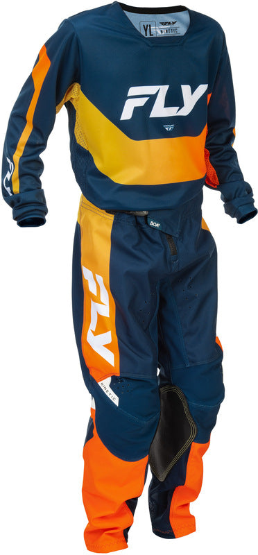Fly Racing Kinetic Jugend MX-Hose in Navy und Orange, mit verstellbaren Knöchelriemen und atmungsaktivem Material.