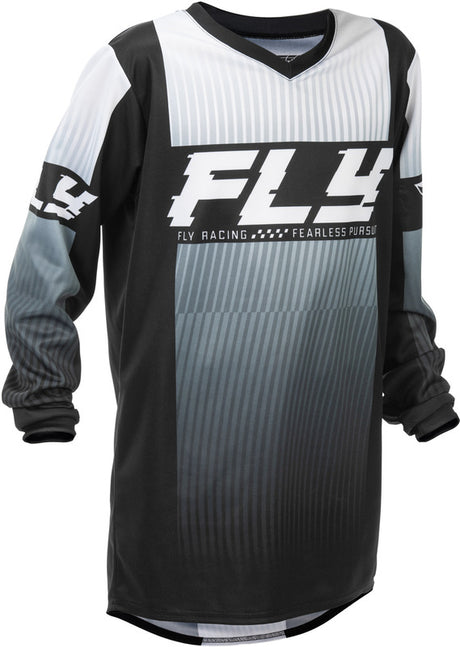 Fly Racing F 16 Jugend MX-Jersey in Schwarz und Weiß, bequemes und atmungsaktives Motorradtrikot für Jugendliche.