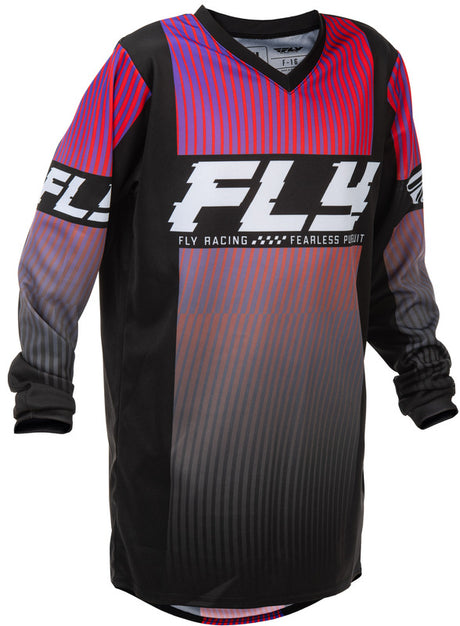 Fly Racing F 16 Jugend MX-Jersey in Schwarz Rot Lila, bequemes Motorsport-Trikot mit langem Ärmel und auffälligem Design.