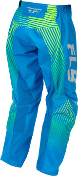 Fly Racing F 16 Jugend-MX-Hose in leuchtendem Blau und Hi-Vis-Design, sichtbar auf der motocross Hose vor hellem Hintergrund
