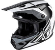 Motocrosshelm FLY RACING Kinetic Crest in Schwarz-Weiß-Grau, mit Visier und Belüftungsöffnungen, auf weißem Hintergrund.
