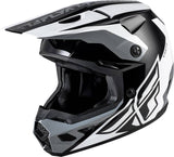 Motocrosshelm FLY RACING Kinetic Crest in Schwarz-Weiß-Grau, mit Visier und Belüftungsöffnungen, auf weißem Hintergrund.