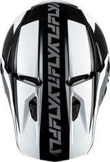 Motocrosshelm FLY RACING Kinetic Crest in Schwarz-Weiß-Grau mit Visier und Belüftungsöffnungen, seitliche Ansicht