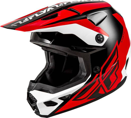 Motocrosshelm FLY RACING Kinetic Crest in Rotschwarz und Weiß mit visier und Belüftungsöffnungen, auf einem weißen Hintergrund