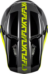 Fly Racing Kinetic Crest Motocrosshelm in Grau, Schwarz und Neon Gelb mit schützender Helmgrafik, für sicheren Motocross-Schutz.