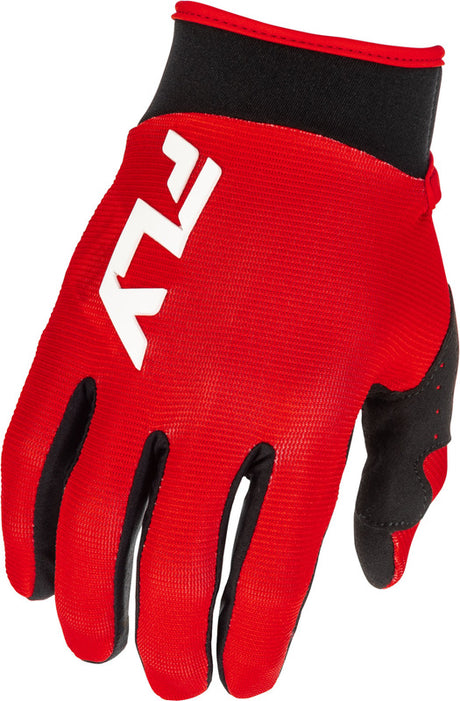 Schwarze und rote Fly Racing F 16 Youth MX-Handschuhe mit gepolstertem Handrücken und rutschfester Handfläche.