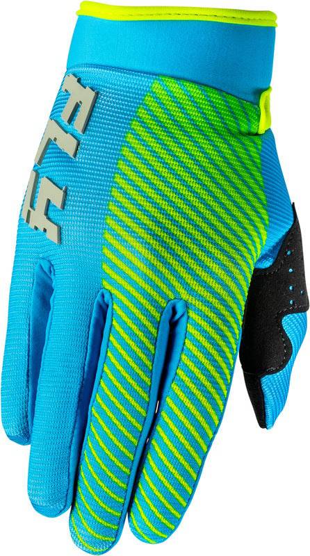 Fly Racing F 16 Jugend-Motorradhandschuhe in Blau und Hi-Vis, mit robustem Material und guter Passform.
