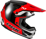 Motocrosshelm von FLY RACING, Kinetic Special Edition DBK, schwarz-rot-grau, mit Visier und Belüftungsöffnungen.