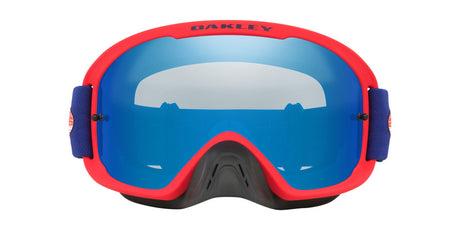OAKLEY O-Frame 2.0 Pro MX-Brille mit rot-schwarzem Rahmen und Ice Iridium Gläsern, schützt beim Motocross.