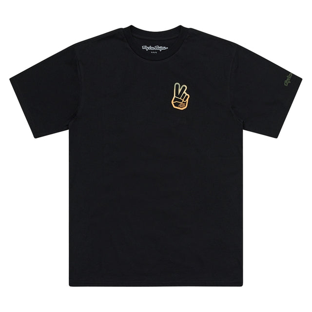 Schwarzes Troy Lee Designs Peace Out T-Shirt aus Freizeitbekleidung mit buntem Peace-Logo auf der Vorderseite.