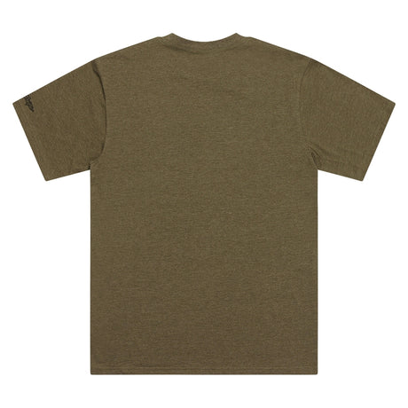 Olivgrünes T-Shirt von TROY LEE DESIGNS mit Badge-Design, bequeme Freizeitbekleidung, auf dem Bild sichtbar.