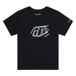 Schwarzes TROY LEE DESIGNS Badge T-Shirt aus Freizeitbekleidung mit Druck-Design, auf einem weißen Hintergrund fotografiert.