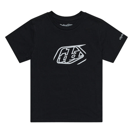 Schwarzes TROY LEE DESIGNS Badge T-Shirt aus Freizeitbekleidung mit Druck-Design, auf einem weißen Hintergrund fotografiert.