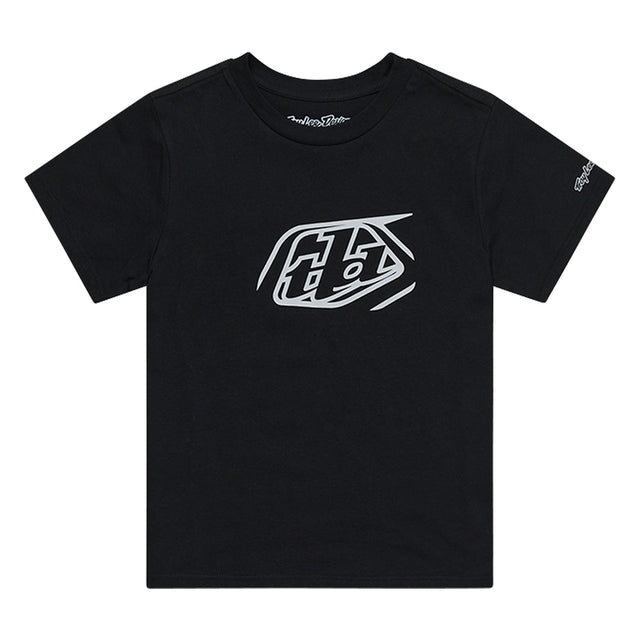 Schwarzes TROY LEE DESIGNS Badge T-Shirt aus Freizeitbekleidung mit Druck-Design, auf einem weißen Hintergrund fotografiert.