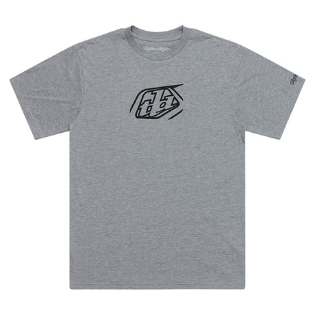 Graues TROY LEE DESIGNS Badge T-Shirt aus Freizeitbekleidung mit Logo-Print, bequemes Meliert-Design, vorne sichtbar.