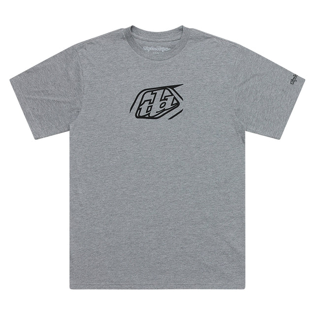 Graues TROY LEE DESIGNS Badge T-Shirt aus Freizeitbekleidung mit Logo-Print, bequemes Meliert-Design, vorne sichtbar.