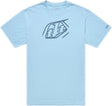 Troy Lee Designs Badge T-Shirt in Dawn Blau, bequeme Freizeitbekleidung mit TLD-Logo, sichtbar auf dem Bild.