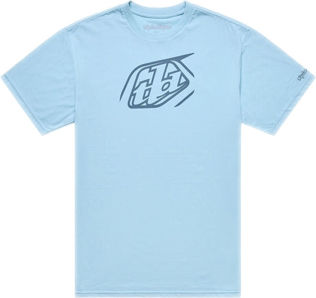 Troy Lee Designs Badge T-Shirt in Dawn Blau, bequeme Freizeitbekleidung mit TLD-Logo, sichtbar auf dem Bild.
