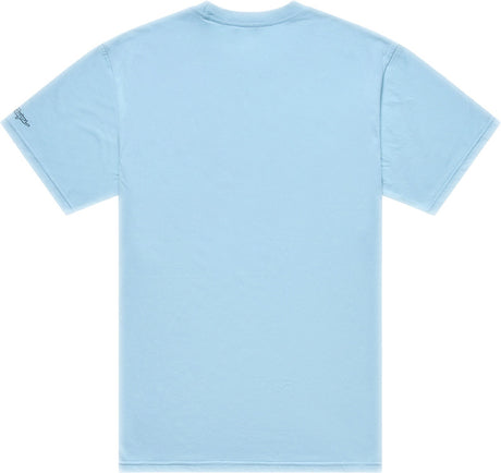 Troy Lee Designs Badge T-Shirt Dawn Blau, bequeme Freizeitbekleidung, blauer T-Shirt mit Badge-Design, frontal sichtbar